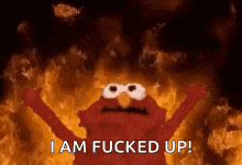elmo from sesame street is standing in front of a fire and says `` i am fucked up ! ''