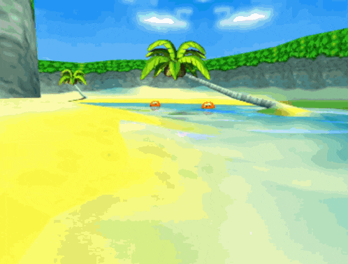 a cartoon drawing of a beach with a palm tree and two orange balls in the water