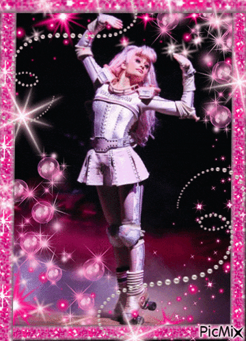 a picture of a woman with pink hair is surrounded by pink glitter and bubbles