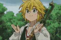a cartoon character is holding a sword in his hand and making a funny face .