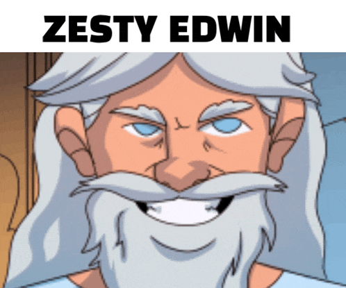 a cartoon of zesty edwin with long white hair and a beard