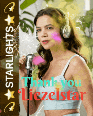 a woman wearing headphones is singing into a microphone with the words thank you lieselstar written below her