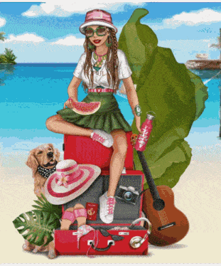 a woman is sitting on a suitcase with a guitar and a watermelon in her hand