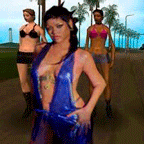 a woman in a blue dress is standing next to two other women in bikinis on a sidewalk .
