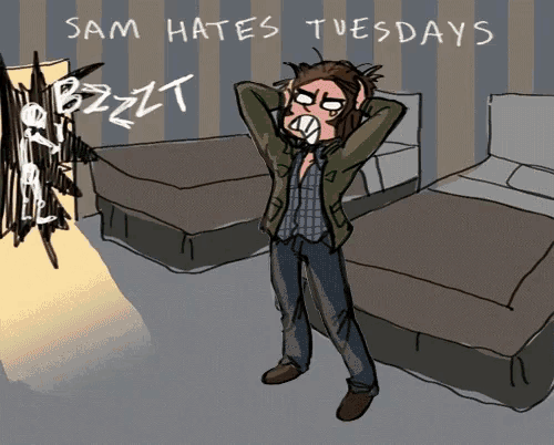 a cartoon of a man covering his ears with his hands and the words sam hates tuesdays