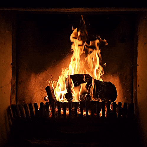 a fire is burning in a fireplace with a large log in it