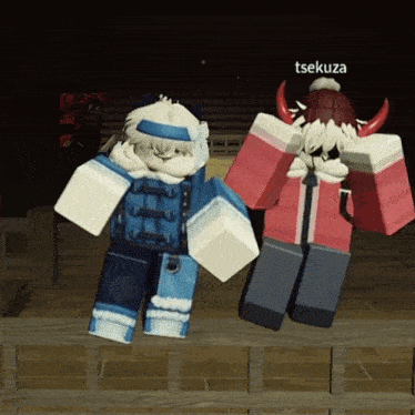 two roblox characters are standing next to each other and one of them has the name tsokuza written on it
