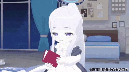 a girl with white hair and blue eyes is reading a book in a bedroom