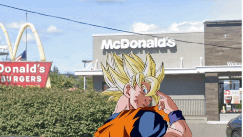 a cartoon character is standing in front of a mcdonald 's sign