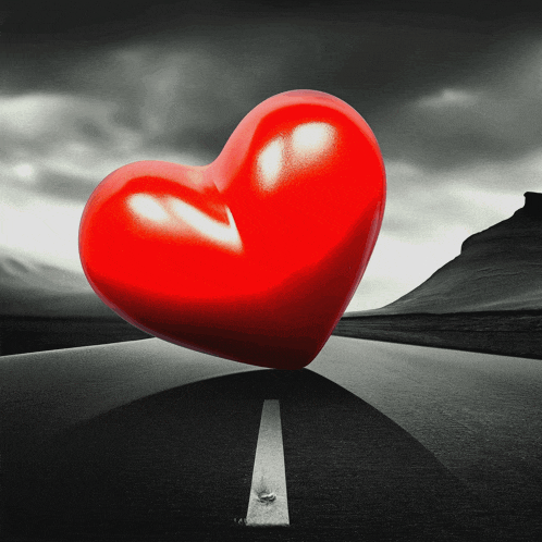 a red heart is sitting on the side of the road