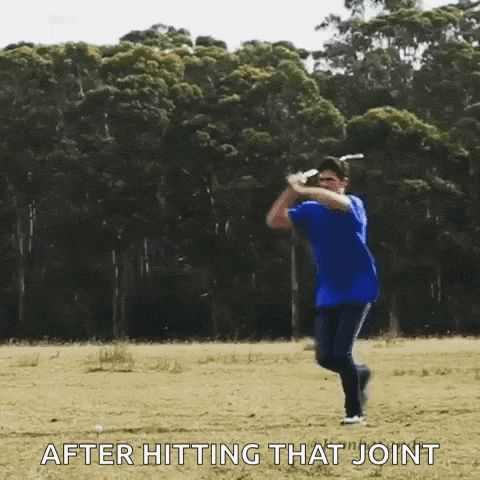a man is swinging a bat in a field with the words after hitting that joint .