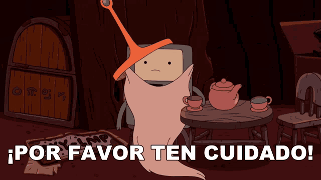 a cartoon character is wrapped in a blanket with the words por favor ten cuidado below him