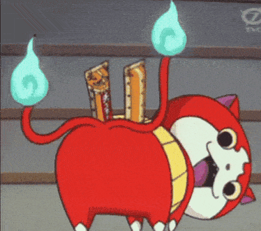 a red cartoon character is holding a bunch of candy in its butt .
