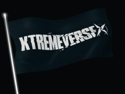 a black flag that says xtremeverse is waving in the wind