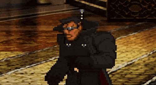 a pixel art of a man with a sword on his head