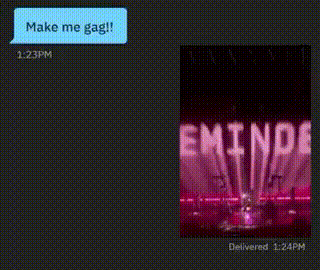 a blue speech bubble that says make me gag 1:23 pm