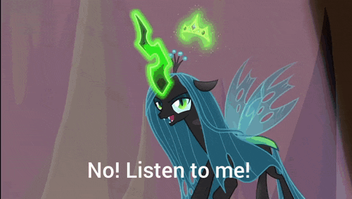 a pink pony is holding a crown and the words no listen to me are above her