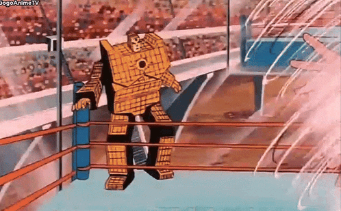 a cartoon of a robot in a boxing ring with jogoanimetv written on the bottom right