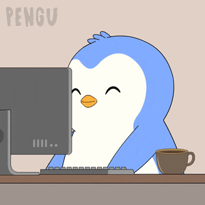 a cartoon of a penguin sitting in front of a computer with the word pengu above it