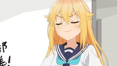 a girl with blonde hair is wearing a sailor uniform and smiling