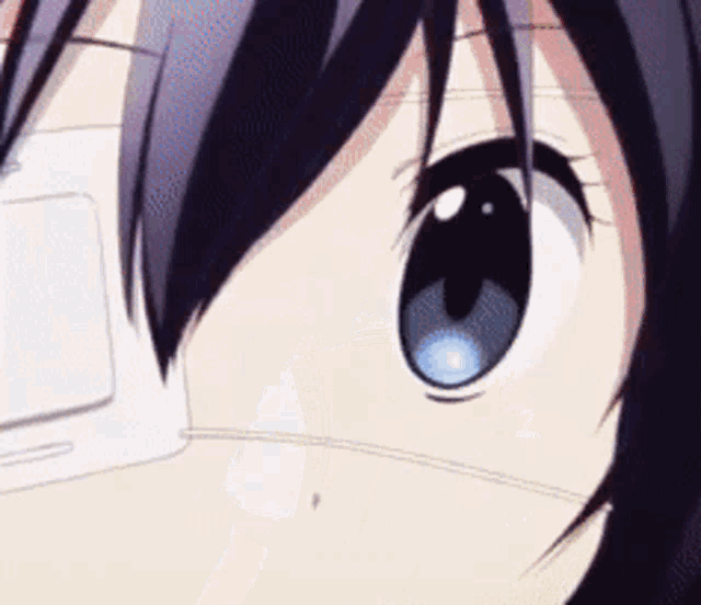 a close up of a anime girl 's eyes with a bandage on her eye .
