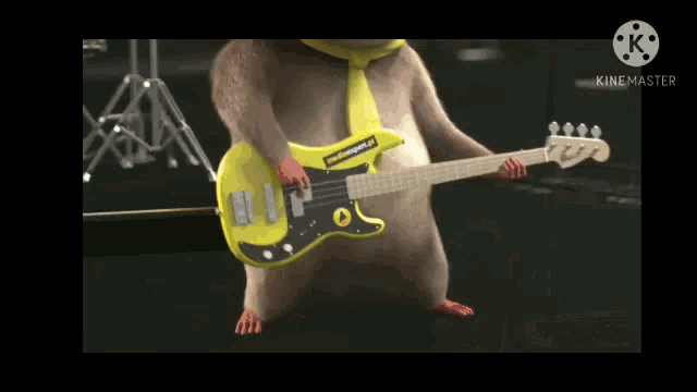 a cartoon character is playing a yellow bass guitar .