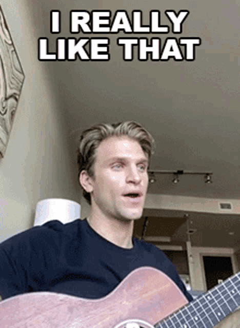 a man is playing a guitar with a caption that says i really like that