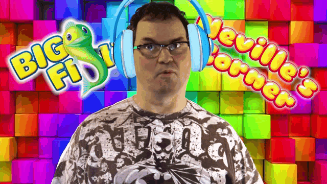 a man wearing headphones stands in front of a colorful background that says " neville 's corner "