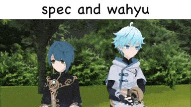 two anime characters are standing next to each other and the words spec and wahyu are on the bottom