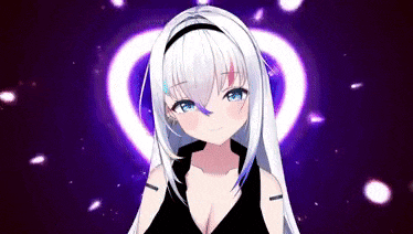 a 3d anime girl with long white hair and blue eyes is standing in front of a purple circle .