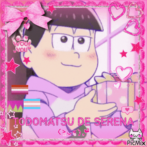 a picture of todomatsu de serena holding a gift in a pink frame
