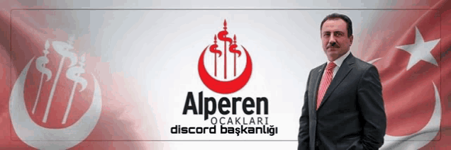 a man in a suit and tie stands in front of a banner that says alperen ocaklari discord başkanliği