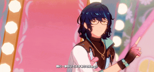 a man with blue hair and glasses is pointing at something in a video game
