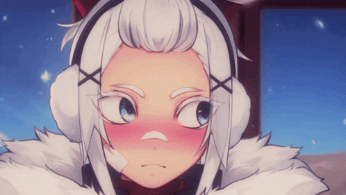 a cartoon character with white hair and blue eyes is wearing ear muffs