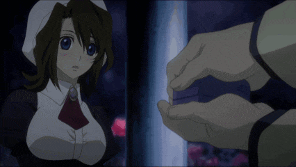 a girl with brown hair and blue eyes looks at a man 's hand