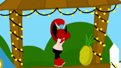 a cartoon character is standing under a gazebo with a pineapple in front of it