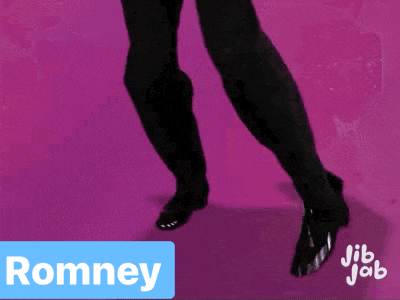 a person 's legs are shown on a purple background and the name romney is on the bottom