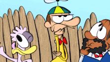 three cartoon characters are standing next to each other in front of a wooden fence ..