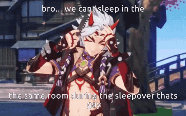 a video game character is holding a knife and says bro we can t sleep in the same room during the sleepover thats gay