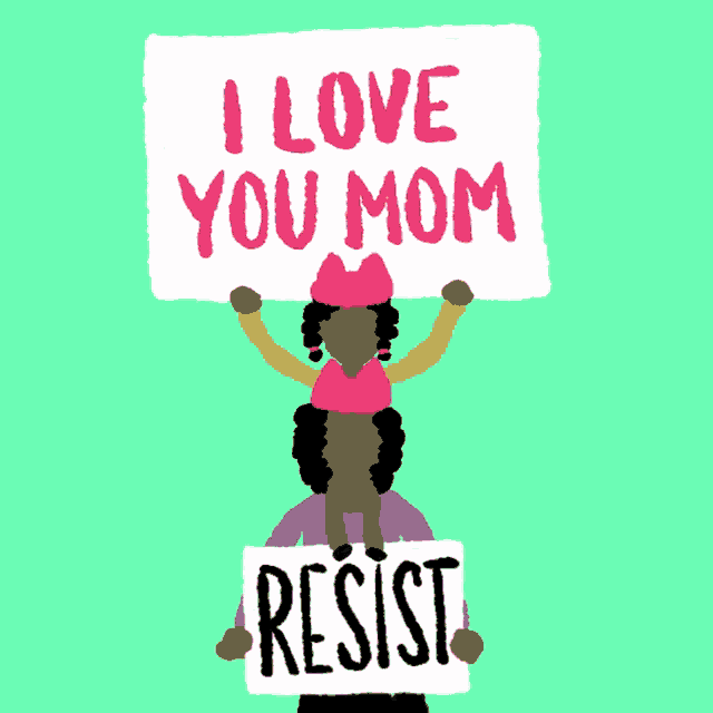 a cartoon of a woman holding a sign that says i love you mom