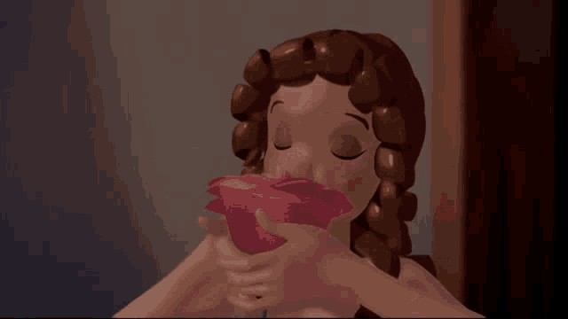 a cartoon drawing of a woman holding a pink flower in her mouth