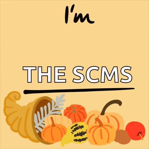 a sign that says i 'm thankful for the scms with a cornucopia of pumpkins