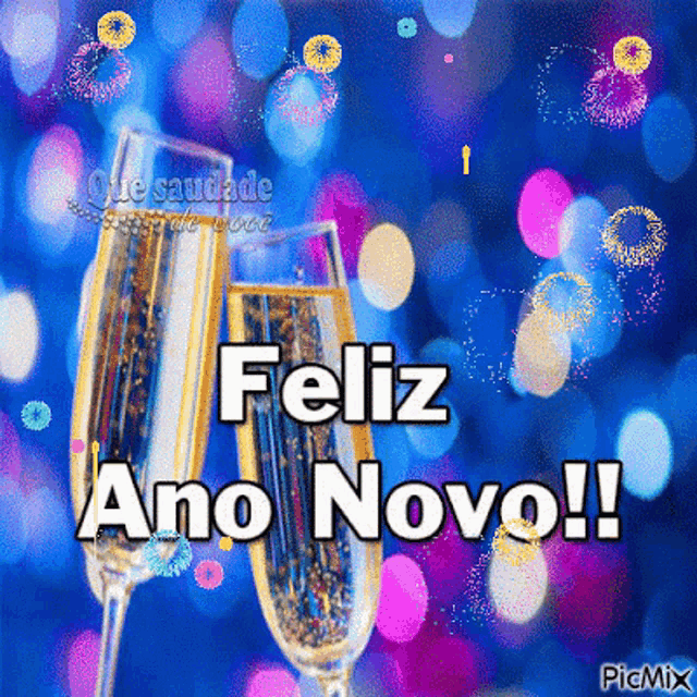 a greeting card that says feliz ano novo with two glasses of champagne