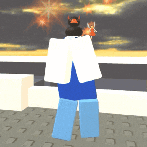 a person with a duck on their head stands in front of fireworks