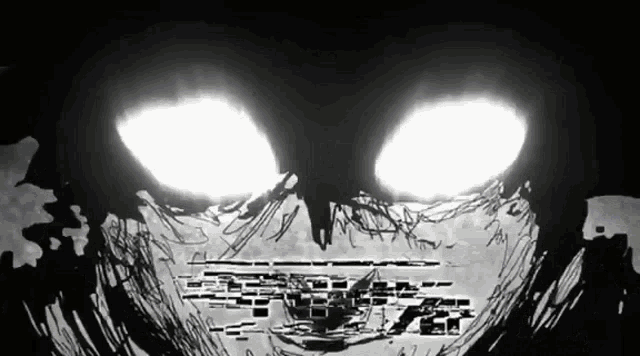 a black and white drawing of a monster with bright eyes