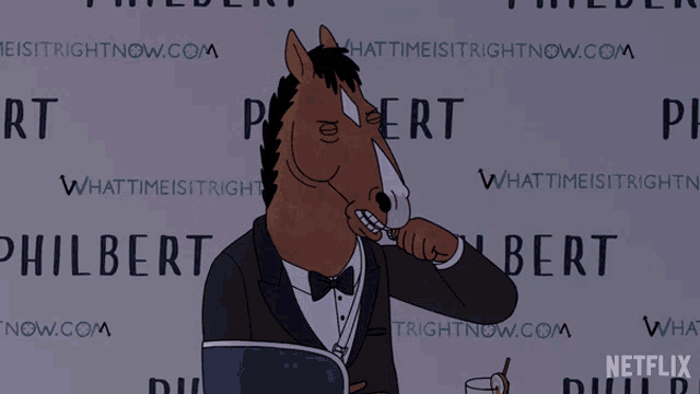 a poster for philbert shows a horse in a tuxedo and bow tie