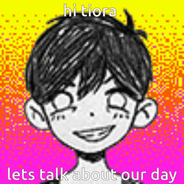 a drawing of a boy with a rainbow background and the words `` hi tiora lets talk about our day '' .