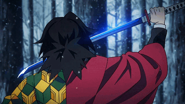 a man in a red coat is holding a blue sword in his right hand