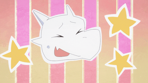 a cartoon drawing of a cat with a laughing face on a pink and yellow striped background