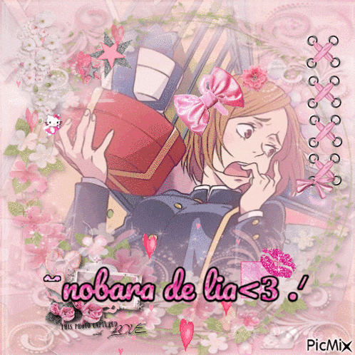 a picture of a girl with the words nobara de lia < 3 on the bottom